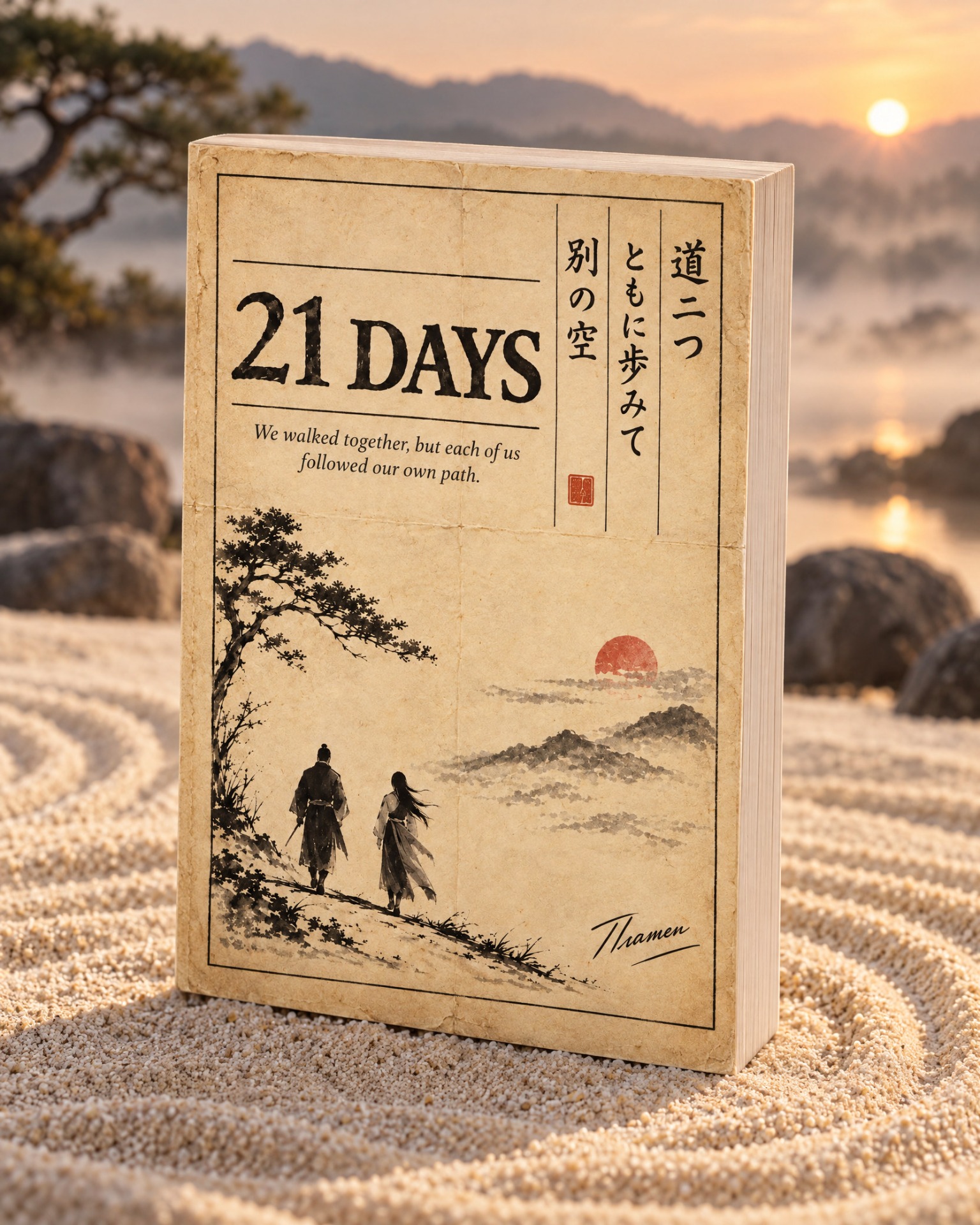 Vintage poster with “21 DAYS” text, Japanese characters, and two people walking along a mountain path.